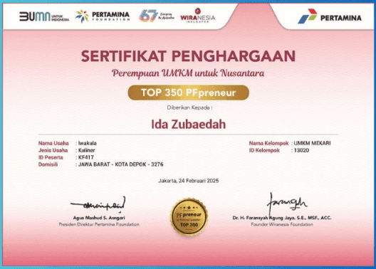 Sertifikat Top 350 UMKM PFpreneur